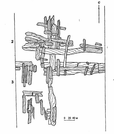 Рис. 4. Фрагмент остатков деревянной оборонительной стены на внутренней линии.